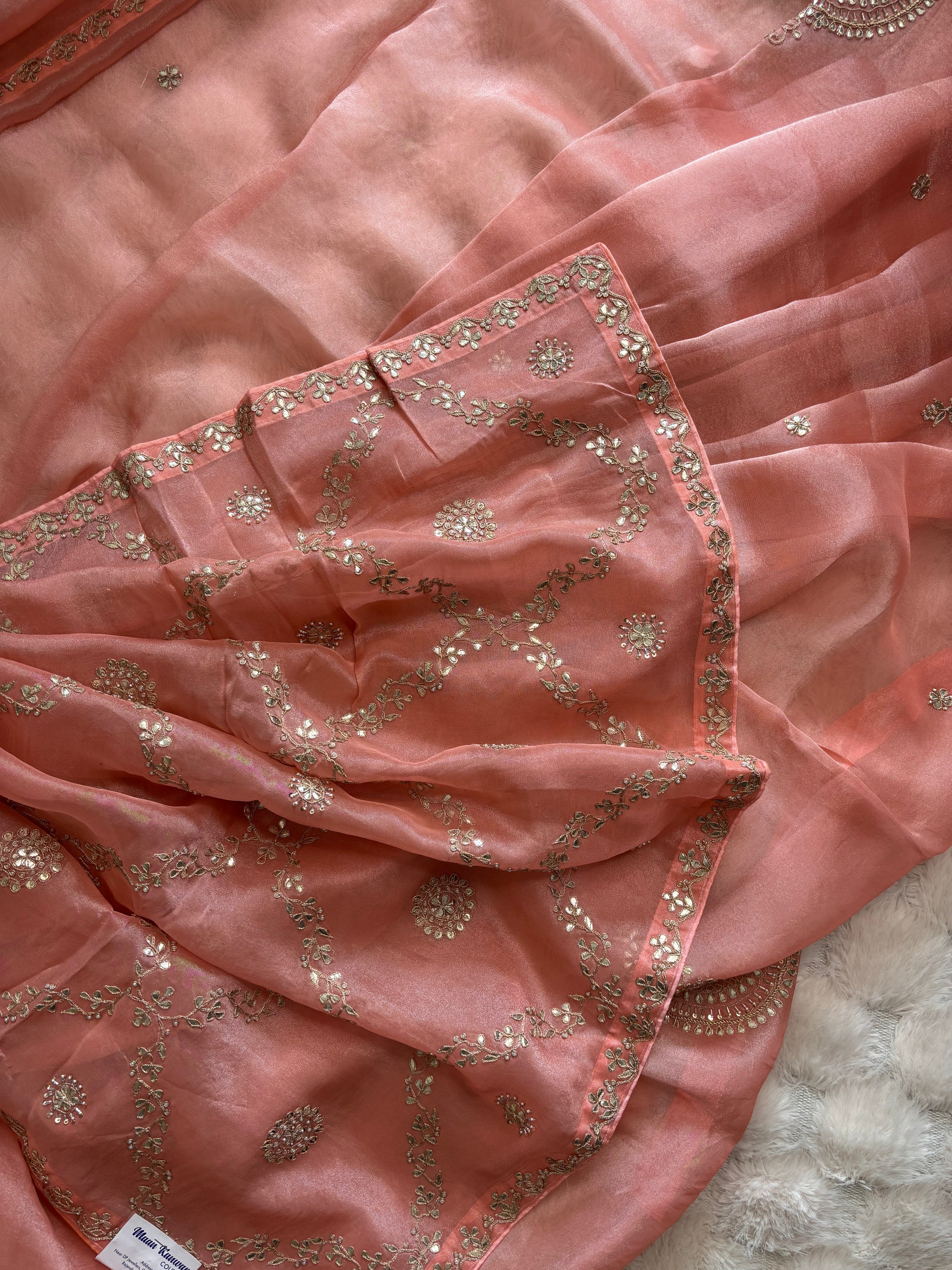 Peach Pink Cosmos Tissue Silk Saree