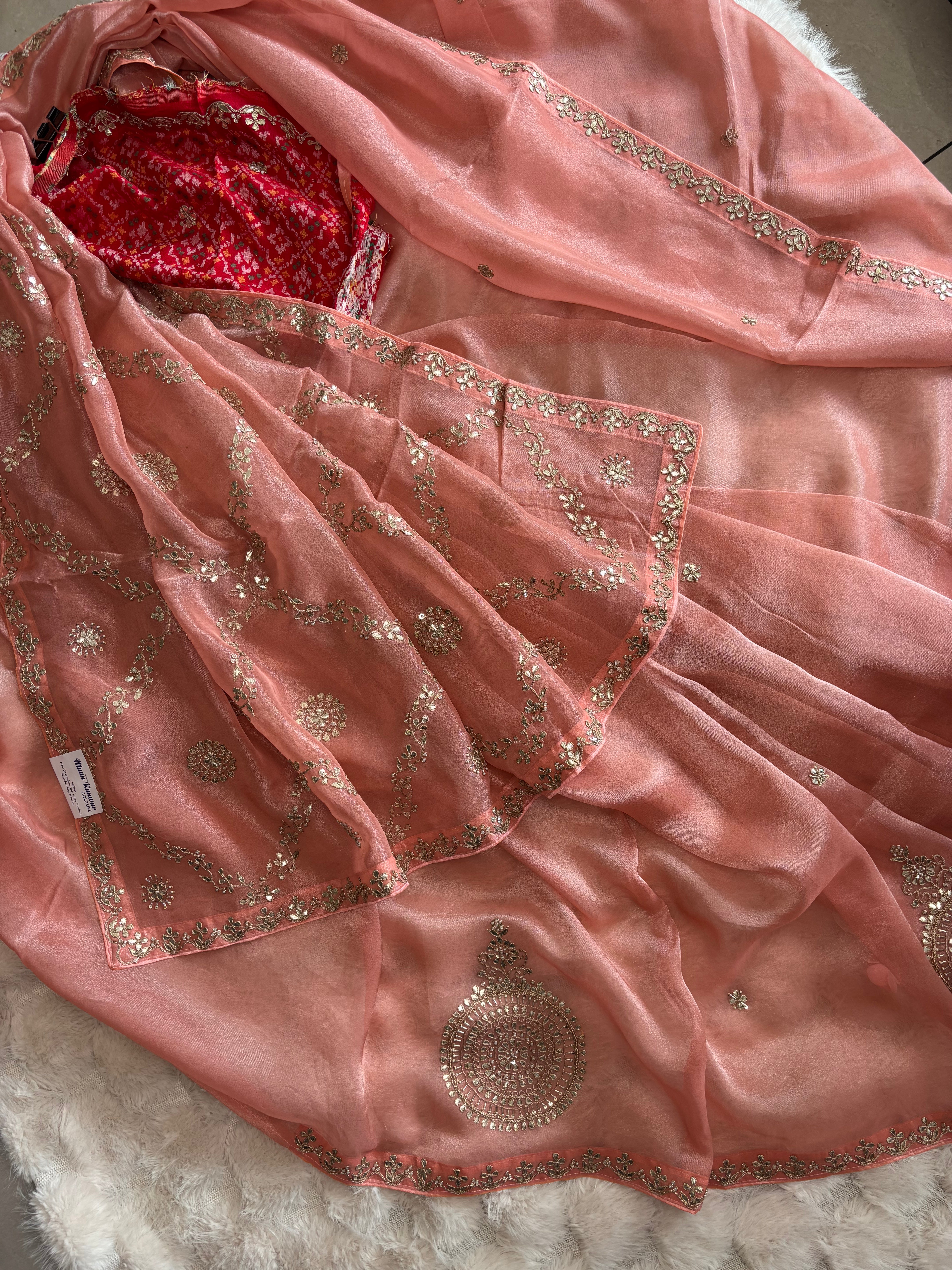 Peach Pink Cosmos Tissue Silk Saree